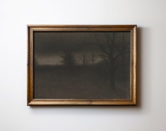 Impressão vintage de paisagem abstrata e melancólica, decoração rústica estilo academia escura, arte de parede imprimível em tons escuros.