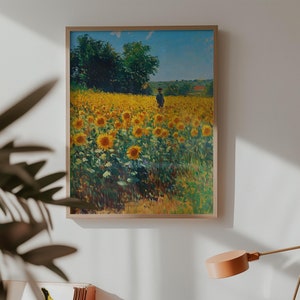 Sunflower Field Print, Farmhouse Landscape Painting, Sunflower Home Decor, Floral Scenery Artwork, Printable Wall Art