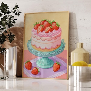 Wydruk artystyczny z truskawkowym ciastem, dekoracja kuchenna Pink Coquette, dekoracja ścienna wózka barowego, wydrukowana sztuka ścienna z jedzeniem, cyfrowe pobieranie Cottagecore