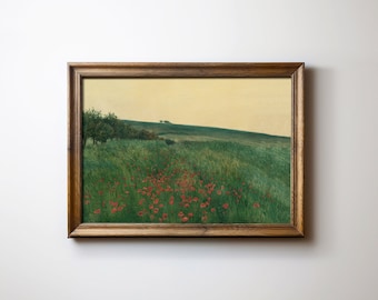 Red Flowers in the Field Print, Farmhouse Landscape Painting, Spring Wall Decor, Printable Wall Art