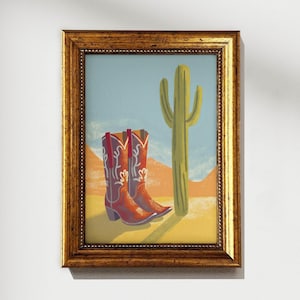 Maximalistische cowgirl laarzen en cactus print, zuidwestelijke kamer decor, western home kunst schilderij, woestijn cactus poster, westerse afdrukbare kunst