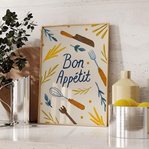 Bon Appetit, Handgezeichnete Küche Poster, Vintage Küche Dekor, Bar Poster, Französisches Abendessen Wohnkultur, Küche und Bar druckbare Wandkunst