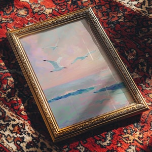 Malarstwo Pastel The Albatross, plakat letni, dekoracja domu na plaży, wydrukowana sztuka ścienna o zachodzie słońca