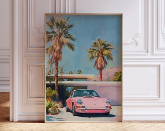Pink Porsche 911 Print: Retro Palm Tree Summer Wall Art (Digital Download)