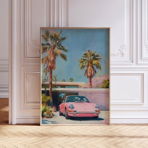 Poster Porsche 911 rose, décoration murale estivale, impression palmier rétro, art mural voiture imprimable