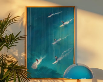 Tiny People Surfing Print, Aerial Ocean Wall Art, Minimalist Surfer Poster, Digital Download