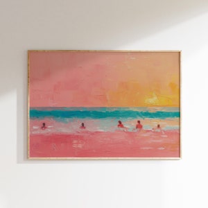 Personajes diminutos nadando al atardecer, póster de verano, decoración de casa de playa rosa, arte mural minimalista imprimible