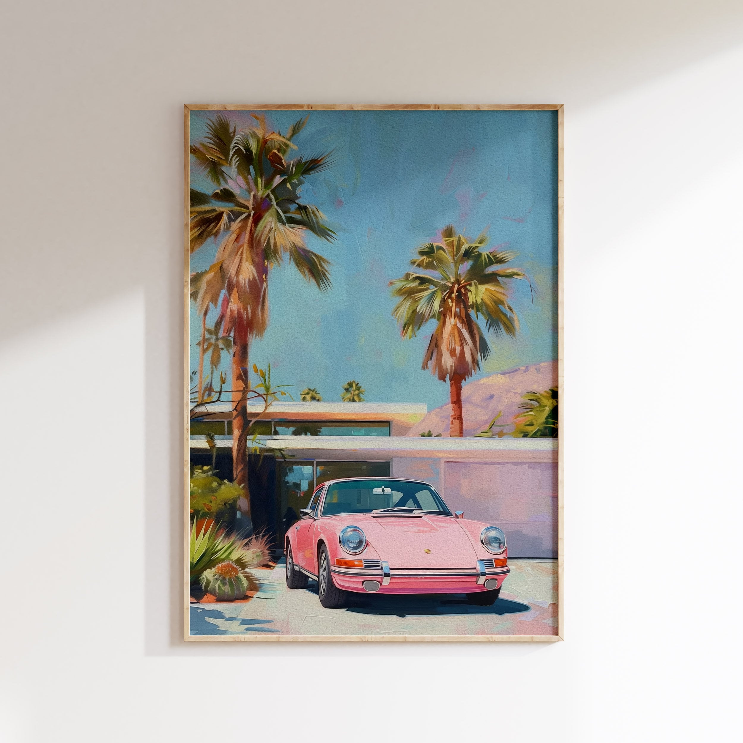 Pink Porsche 911 Print: Retro Palm Tree Summer Wall Art (digital