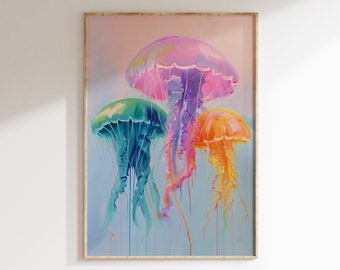 以下が含まれることがあります： ピンク、パープル、グリーン、オレンジの色の3匹のクラゲを描いた絵画。クラゲは、上部にピンクのグラデーションがかかった薄いブルーの背景に描かれている。