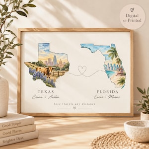 May include: A framed print featuring the states of Texas and Florida with watercolor illustrations of a longhorn, bluebonnets, and a beach scene. A dashed line connects the states with a heart. Text includes names, locations, and love travels any distance.