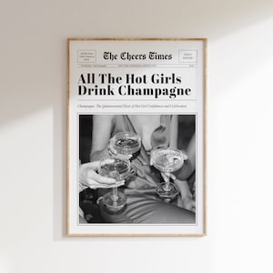 Modna sztuka ścienna z szampanem, plakat z wózkiem barowym w stylu vintage, plakat Y2K, wystrój akademika