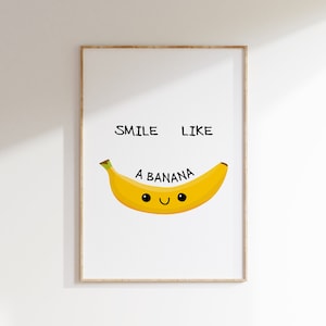 Fun Kitchen and Bar Poster, 'Smile Like a Banana', Kitchen Banana Wall Art, Printable Artwork, Bar Cart Decor, Modern Kitchen Art