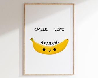 Fun Kitchen and Bar Poster, 'Smile Like a Banana', Kitchen Banana Wall Art, Printable Artwork, Bar Cart Decor, Modern Kitchen Art