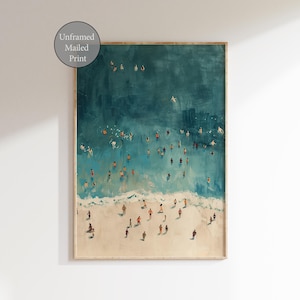 May include: An abstract painting of a beach scene with a teal blue ocean and white sand. The painting depicts a group of people swimming and sunbathing on the beach.