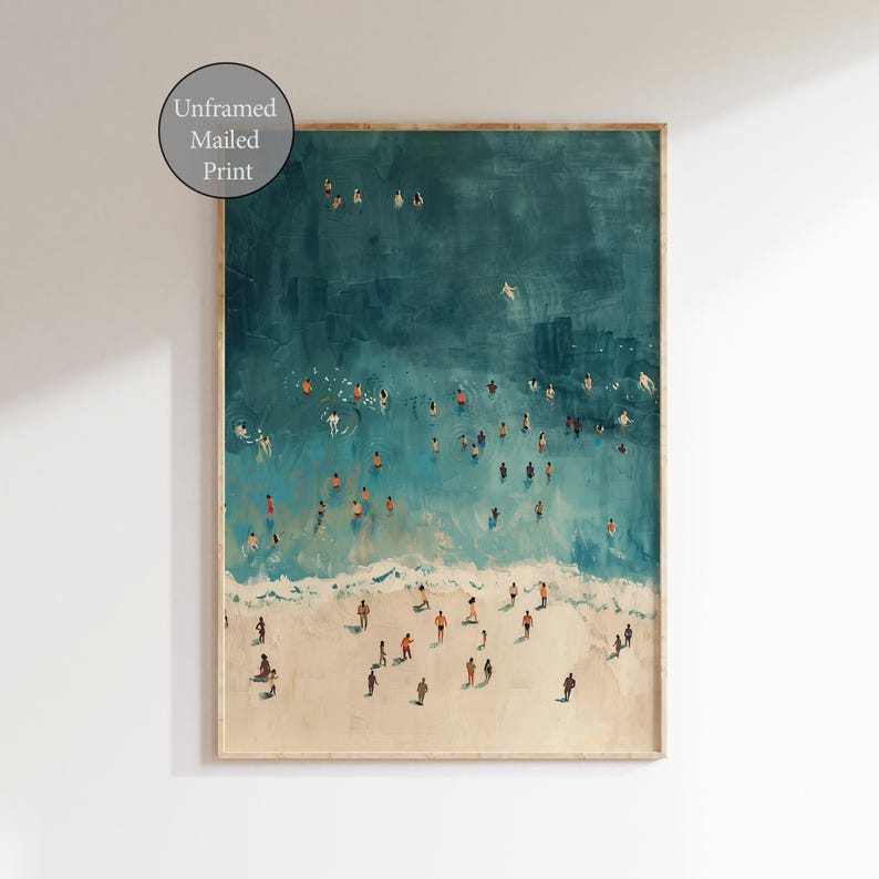 May include: An abstract painting of a beach scene with a teal blue ocean and white sand. The painting depicts a group of people swimming and sunbathing on the beach.