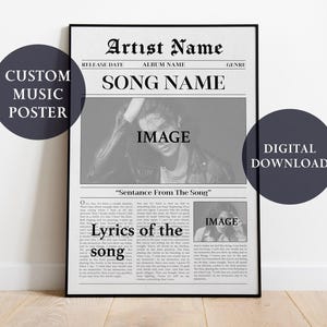 Impresión musical de periódico personalizada, póster con letra de canción personalizada, regalo personalizado para amantes de la música