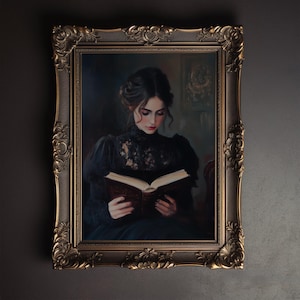 Arte de parede de mulher lendo livro, decoração de academia escura e temperamental, impressão de arte bibliotecária vitoriana, pintura a óleo escura, presente para amantes de livros para impressão