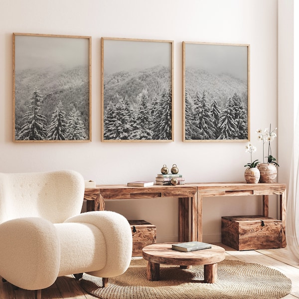 Winter Pine Forest Prints Set of 3 | Black and White Landscape Photography | Christmas Decor