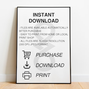 Pu&ograve; includere: Un cartello bianco e nero con il testo "INSTANT DOWNLOAD" e istruzioni per l'acquisto e il download di file digitali. Il cartello include anche icone per un carrello della spesa, una freccia di download e una stampante.