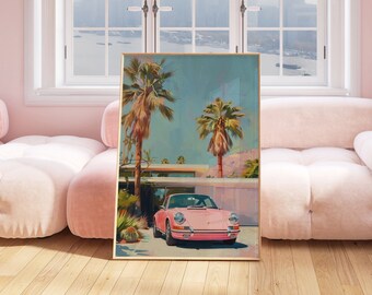 Pink Porsche 911 Print: Retro Palm Tree Summer Wall Art (digital