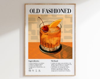 Old Fashioned Cocktail Recipe Print, Bar Cart Decor, Retro Cocktail Wall Art, Minimal Kitchen Decor