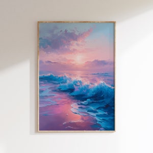 Kolorowe fale oceanu, letni plakat, dekoracja domu na plaży, nadmorski krajobraz do druku na ścianie