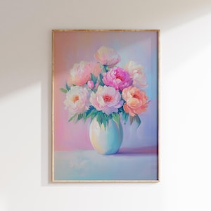 Pintura de peonías coloridas en jarrón, impresión artística de ramo, decoración de pared con colores pastel vibrantes, arte de pared para sala de estar con flores imprimibles