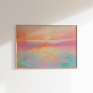 カラフルなパステルカラーの夕焼けの絵画、夏のポスタープリント、湖の風景の装飾、天国の風景の印刷可能な壁アート