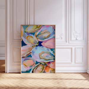 May include: Abstract painting of oyster shells in shades of blue, pink, green, and yellow. The shells are arranged in a cluster, with some overlapping. The background is a dark blue.