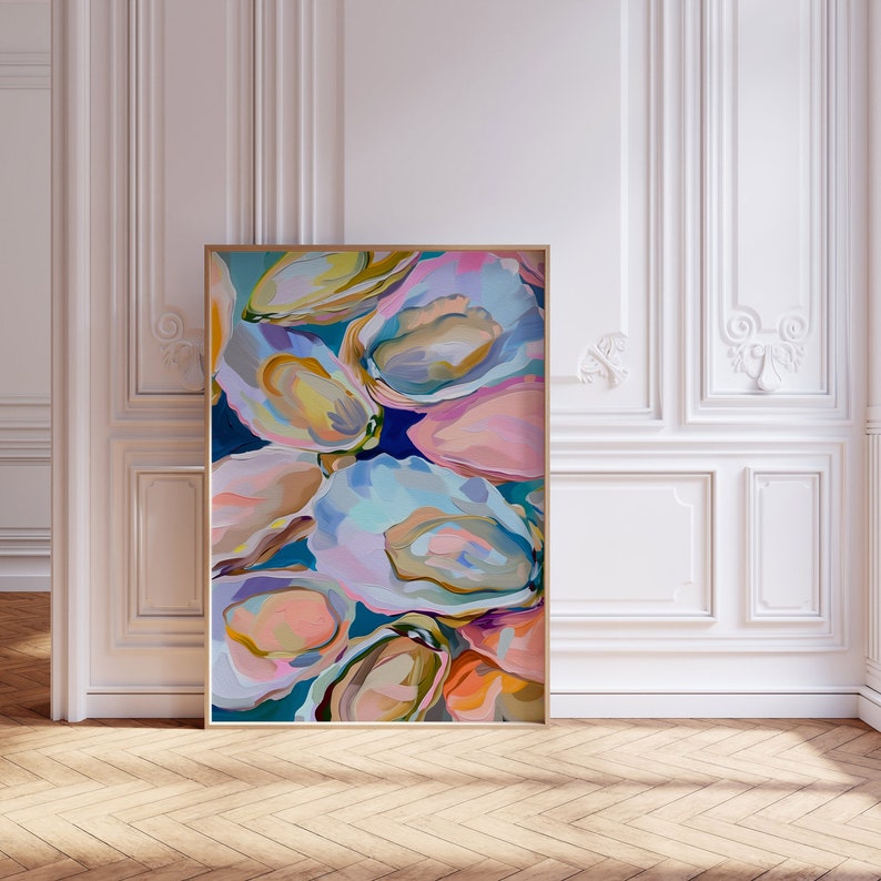 May include: Abstract painting of oyster shells in shades of blue, pink, green, and yellow. The shells are arranged in a cluster, with some overlapping. The background is a dark blue.