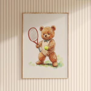 Nursery Teddy Bear Tennis Print, Kids Room Wall Decor, Sports Children Room Wall Art, Toddler Tennis Printable Artwork, Baby Room Art