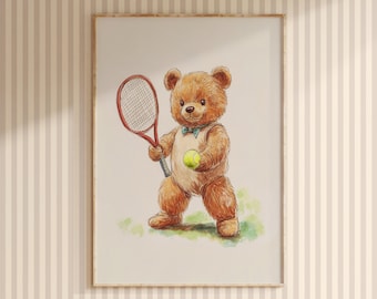 Teddybär Tennis Poster Druck: Sport Kinderzimmer Dekor (Digitaler Download)