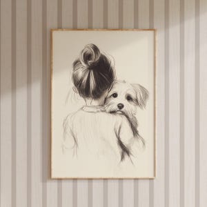 Impresión de niña y perro para guardería, decoración de pared para habitación de niños, dibujo de boceto de animal para guardería, arte para habitación de niñas, obra de arte imprimible para habitación de perros para guardería