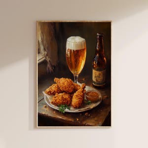 Print bier en gebakken kip, decor cocktailbarwagen, muurdecoratie gebakken kip, trendy keukendecor, eten schilderij afdrukbare muurkunst