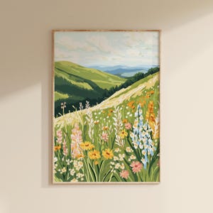 Abstract Mountains and Wildflowers Print, Farmhouse Landscape Painting, Floral Scenery Artwork, Printable Wall Art