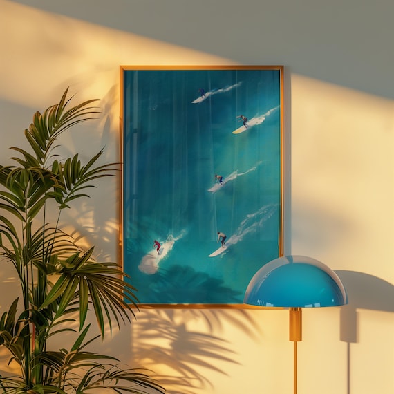 Tiny People Surfing Print, Aerial Ocean Wall Art, Minimalist Surfer Poster, Digital Download