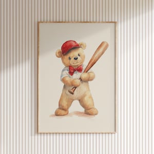 Nursery Teddy Bear Baseball Print, Kids Room Wall Decor, Sports Children Room Wall Art, Toddler Animal Printable Artwork, Baby Room Art