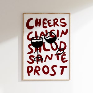 Cheers Hand getrokken keuken print, retro drankjes kunst, Cin Cin poster, bar kar decor, afdrukbare muur kunst