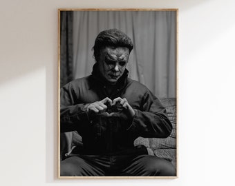 Affiche de Michael Myers de créateur de coeur | Art mural drôle d'Halloween | Décoration noir et blanc