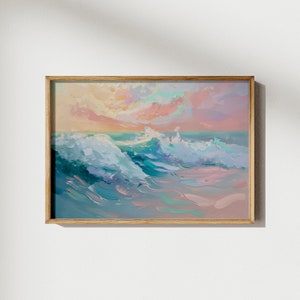 Kolorowe abstrakcyjne fale oceanu, letni plakat, dekoracja domu na plaży, żywy nadmorski krajobraz do druku na ścianie