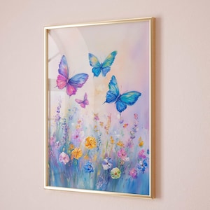 野の花の上を飛ぶパステルカラーの蝶の絵画、夏の花柄のポスタープリント、かわいい動物の壁飾り、印刷可能な壁アート
