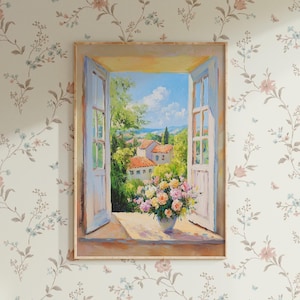 Impression de peinture florale fenêtre ouverte : décoration murale de ferme (téléchargement numérique)