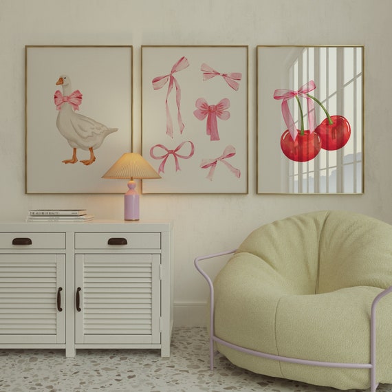 Coquette Print Set, Pink Bows Poster, Balletcore Wall Art, Digital Download