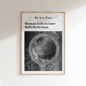 Trendy vrouw wordt verliefd op reflectieprint, slaapzaaldecor, preppy girly kunst aan de muur, trendy krantenprint