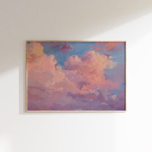 パステルピンクの雲の絵画、夏の空のポスタープリント、気まぐれな雲の装飾、天国の風景の印刷可能な壁アート