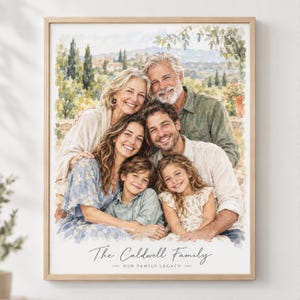 May include: A framed watercolor portrait of a three-generation family in a landscape setting. The artwork features six people smiling, with the text The Caldwell Family and OUR FAMILY LEGACY printed in black at the bottom of the white border.