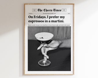 Espresso Martini Poster, Vintage Bar Cart Wall Art, Black and White Cocktail Print, Digital Download