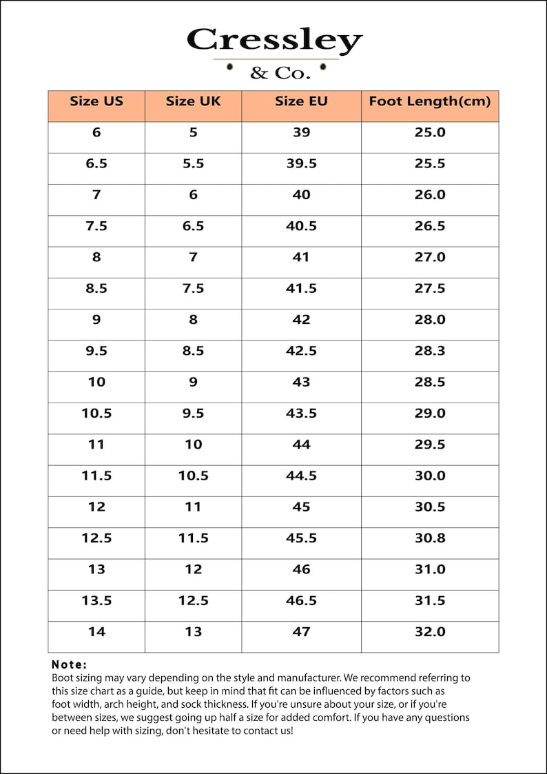 May include: A shoe size conversion chart from Cressley & Co. displays US, UK, and EU sizes with corresponding foot lengths in centimeters. The chart ranges from US size 6 to 14, with a note about sizing variations.