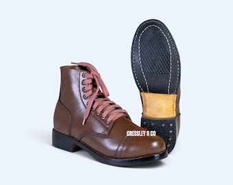 Handmade Brown Leather Ankle Boots, US service shoes | Cap Toe, Lace-Up Design