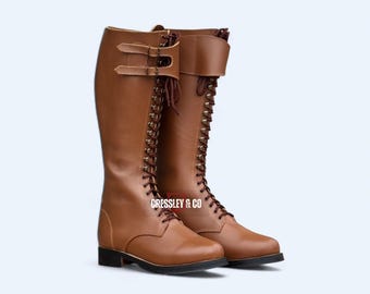 Handcrafted Brown Leather Lace-Up Tall Boots, Equestrian Riding Boots